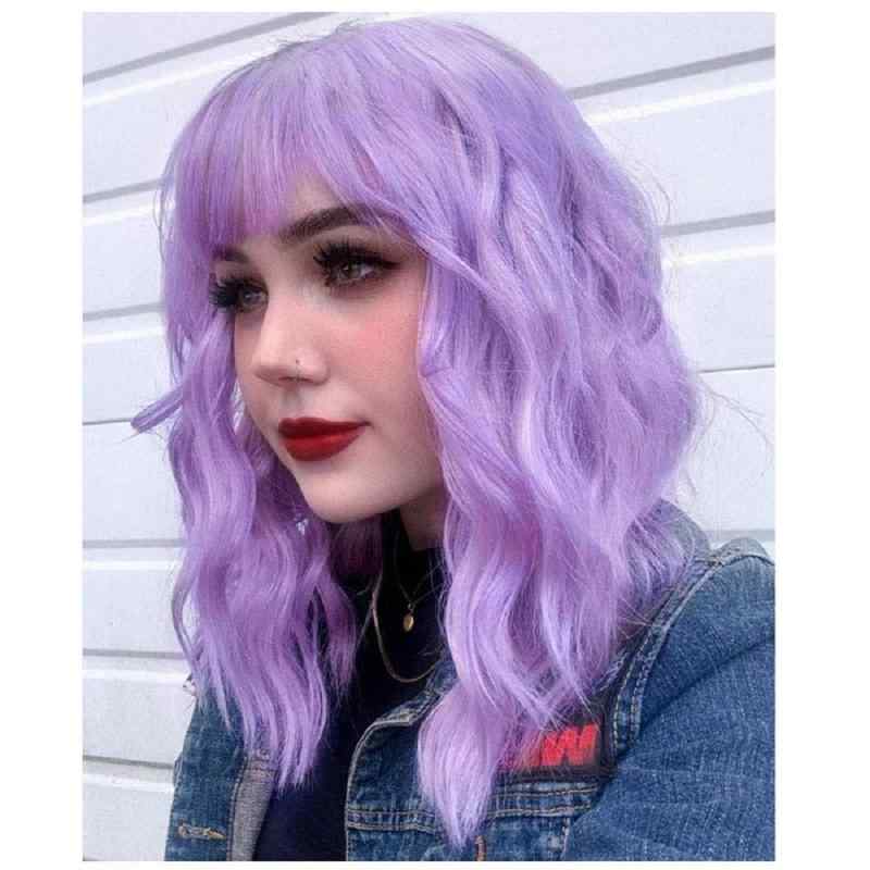 ウィッグ かつら ステージ パフォーマンス コスプレ 変装 レディース 前髪 紫 ショート カーリーヘア 水 波紋 肩 長さ ショート ヘア フェスティバル ド...