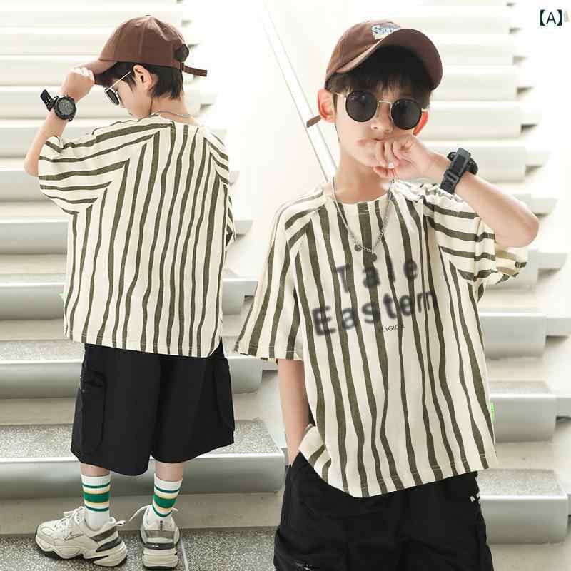 男の子 ファッション ボーイズ 子供 夏 おしゃれ カジュアル ボーイズ ストライプ クール 半袖 Tシャツ 薄手 涼しい 涼しい Tシャツ