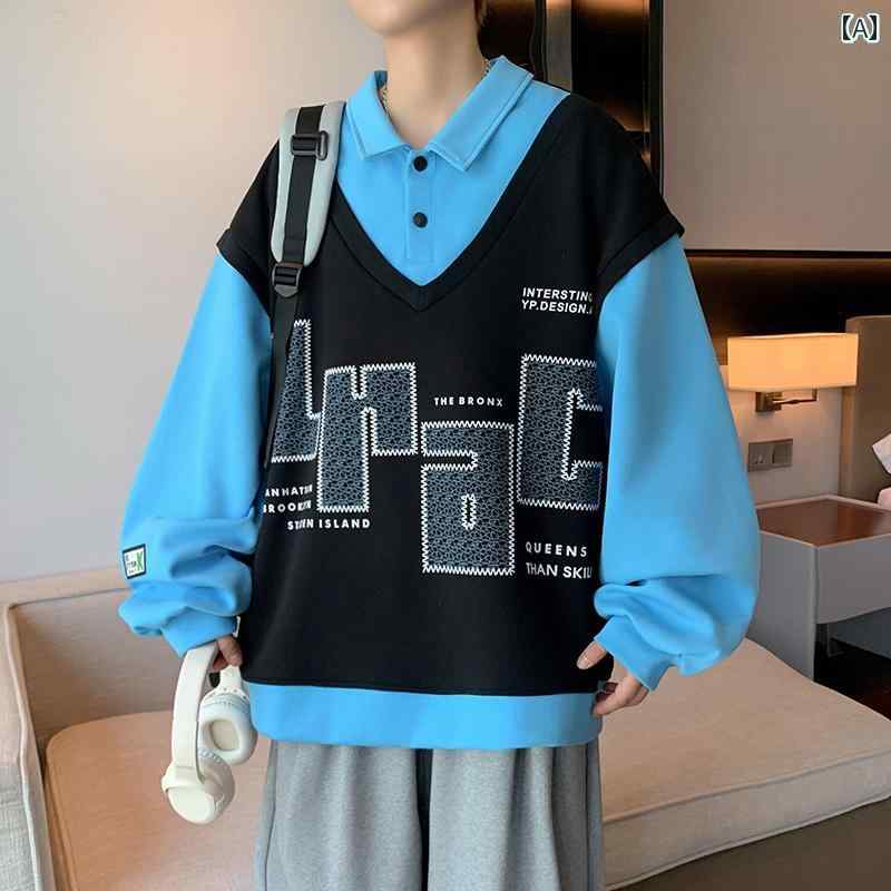 キッズ ファッション 男の子 トップス カジュアル おしゃれ 春秋 長袖 トレーナー 13歳 中高 生 ポロシャツ 15歳 ティーンエイジャー 大きめ フェイク セットアップ