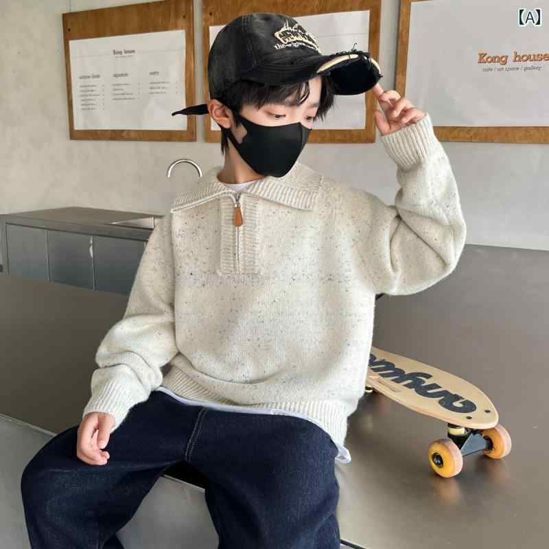 男の子 トップス カジュアル おしゃれ セーター 秋冬 厚手 ハイネック ジッパー ニット