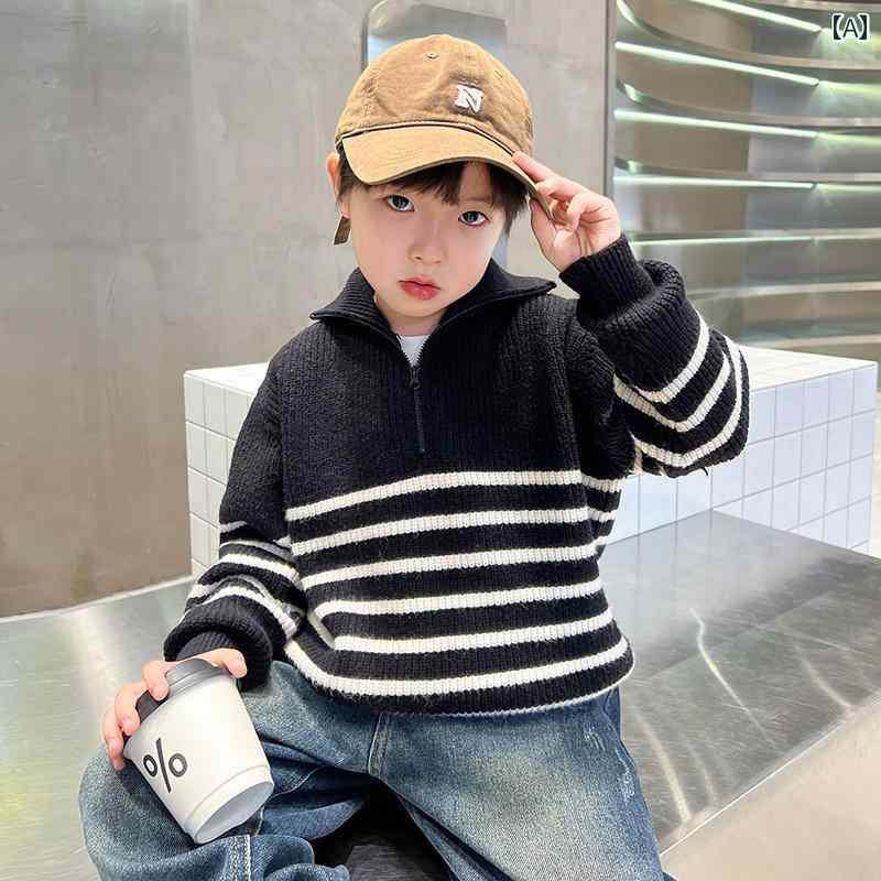 男の子 トップス カジュアル おしゃれ セーター 秋冬 ストライプニット