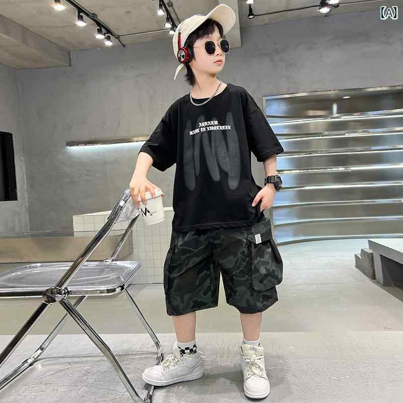 セットアップ 男の子 おしゃれ カジュアル 夏 ボーイズ 薄手 涼しい 涼しい ストリート ショートパンツ 迷彩 オーバー オール スポーツ
