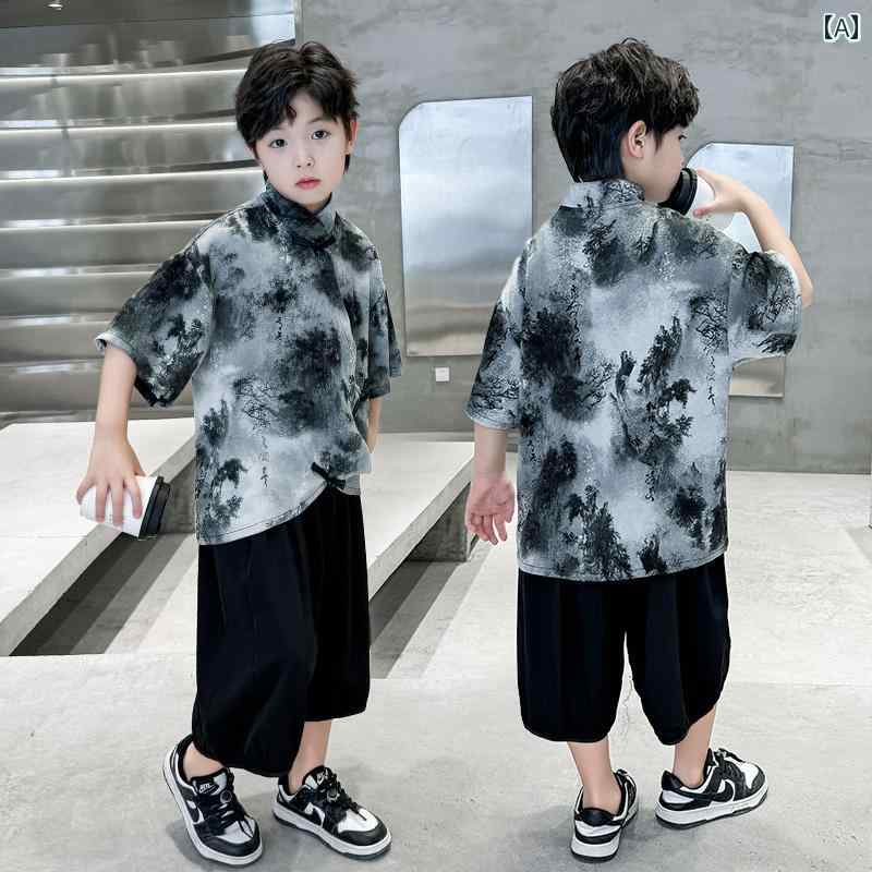 セットアップ 男の子 おしゃれ カジュアル キッズ 漢 薄手 涼しい 涼しい 唐 装 チャイナ風 西洋 レトロ トレンド