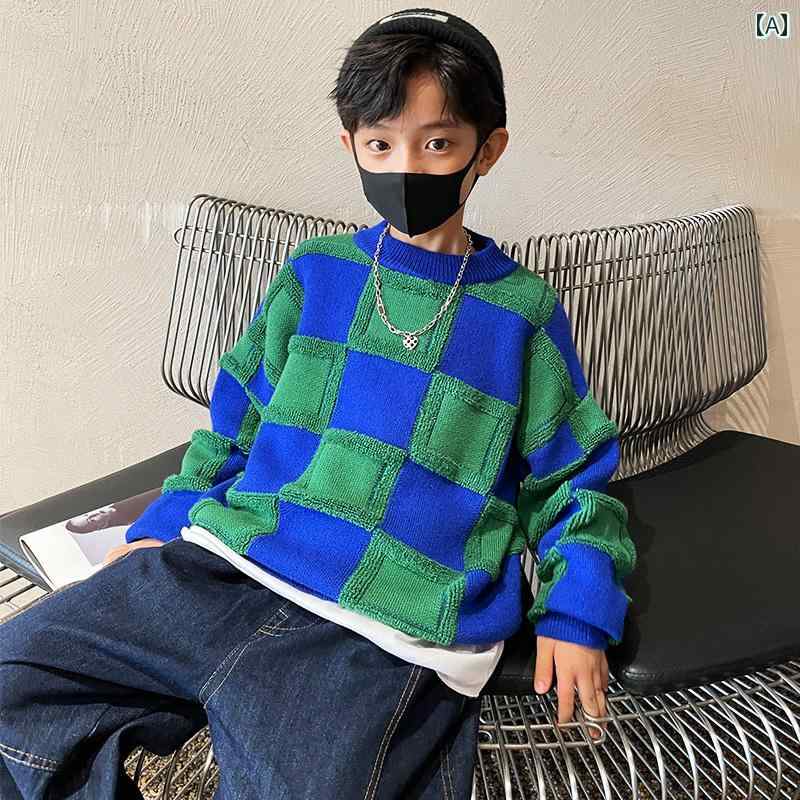 男の子 トップス カジュアル おしゃれ チェック セーター 秋冬 厚手 ニット セーター トレンディ
