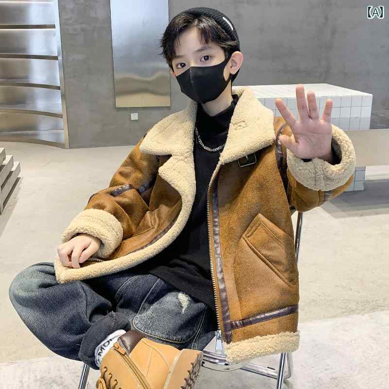 アウター 男の子 冬 おしゃれ カジュアル キッズ 一体 起毛 レザージャケット 秋冬 大きめ 冬 ウール 起毛