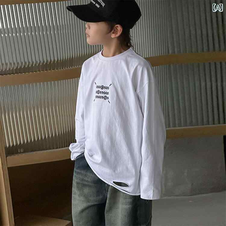 男の子 トップス カジュアル おしゃれ 秋 長袖 Tシャツ 秋 大きめ 白 ボトム シャツ