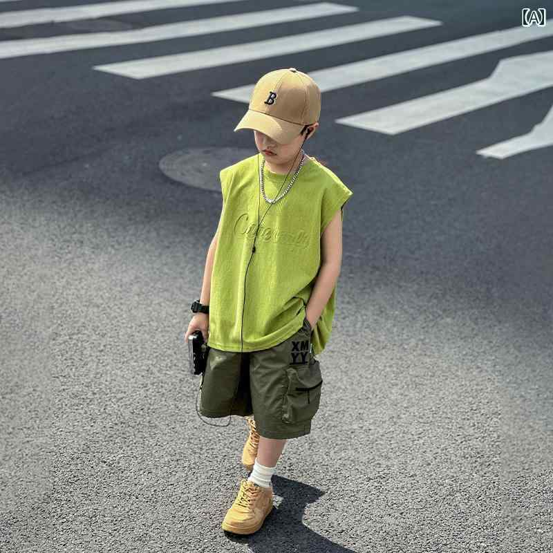 男の子 ファッション ボーイズ 子供 夏 おしゃれ カジュアル ベストノースリーブ Tシャツ 服 綿 トレンディ Tシャツ