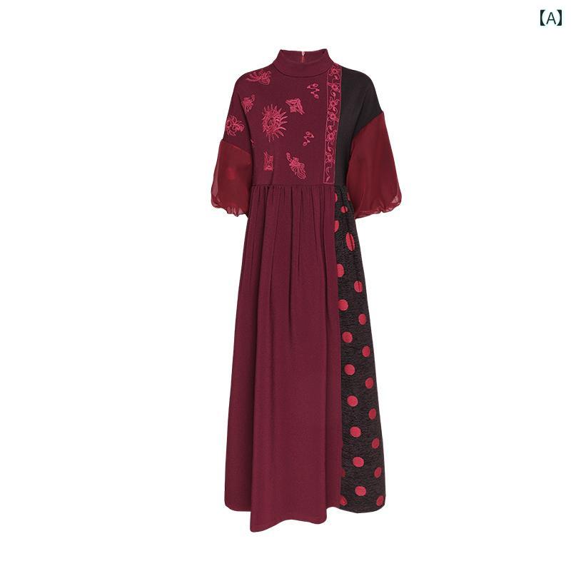 レディース ファッション エスニック ミャオ族 刺繍 パフスリーブ レトロ ドレス 秋冬