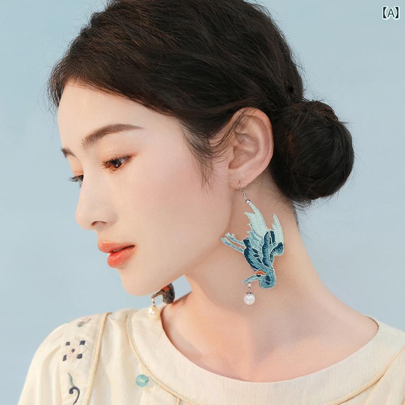 レディース アクセサリー 鶴 レトロ チャイナ風 イヤリング新 両面 刺繍 チャイナ風 イヤリング