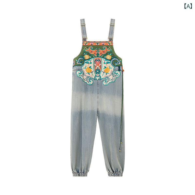 レディース ファッション 新春 レトロ チャイナ風 刺繍 デニムオーバーオール 九分丈 パンツ