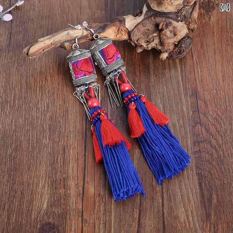 レディース アクセサリー エスニック 古 刺繍 エレガント タッセル ミャオ族 シルバーイヤリング ペン..