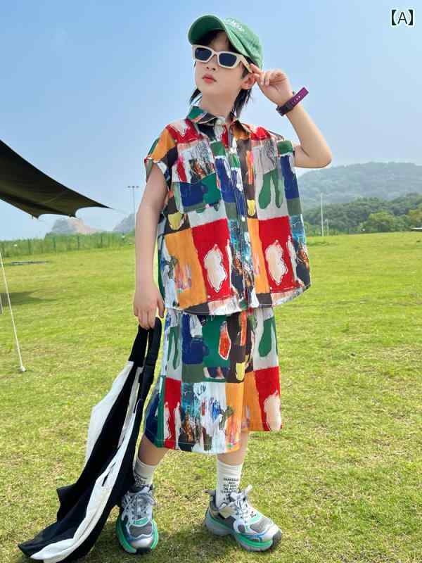 セットアップ 男の子 おしゃれ カジュアル 夏 ボーイズ シャツ セット 薄手 涼しい 涼しい 半袖 シャツ 2点 セット