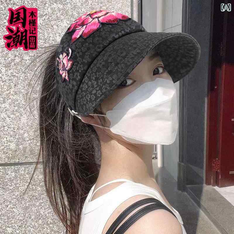 帽子 レディース 中国 トレンド 花 刺繍 ポニーテール 空 ハット 夏 日除け カジュアル 外出 日焼け防止 つば広