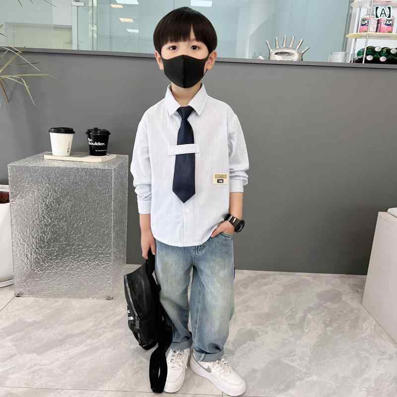 男の子 トップス カジュアル おしゃれ キッズ 春 長袖 白 ストライプ 綿 シャツ 春秋 シャツ