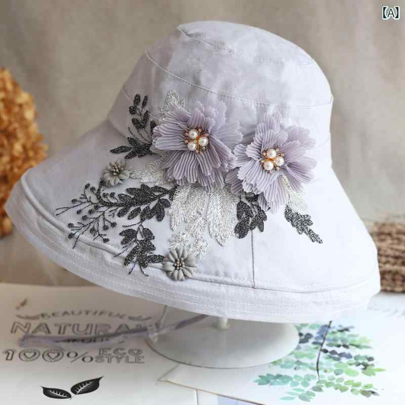 レディース 日よけ 布 帽子 フェアリー グレー 日よけ 夏 レース 刺繍 立体 花 フィッシャーマン ハット 日焼け防止 日よけ 帽子