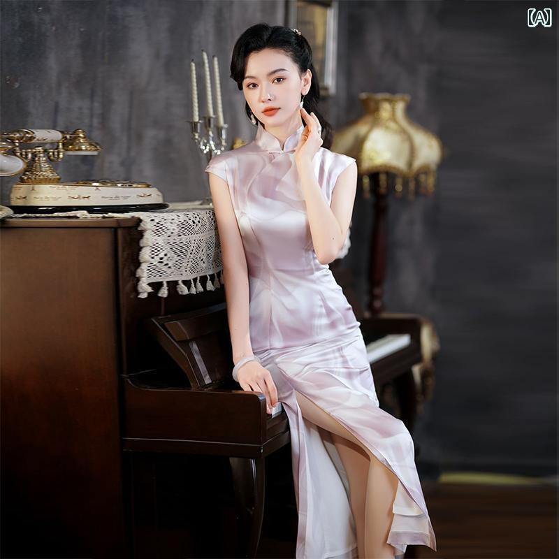 レディース ファッション チャイナ風 ドレス ロング スカート エレガント レトロ エレガント ノースリーブ