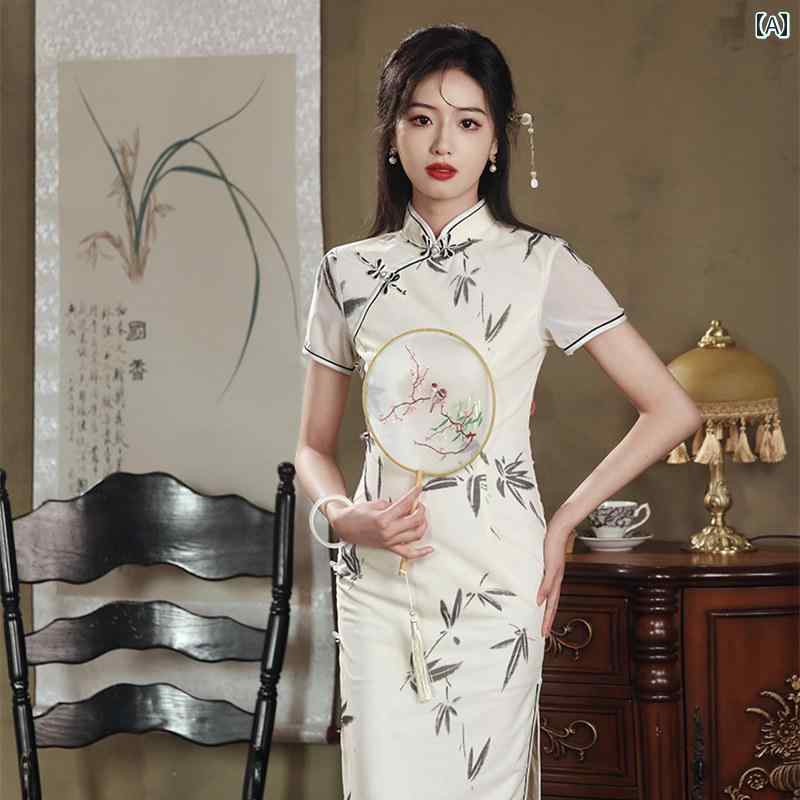 レディース ファッション チャイナ風 半袖 チャイナ ドレス 普段使い レトロ チャイナ風 ドレス ロング