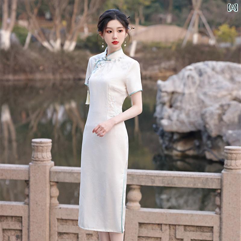レディース ファッション チャイナ風 ドレス 夏 普段使い 半袖 ドレス レングス
