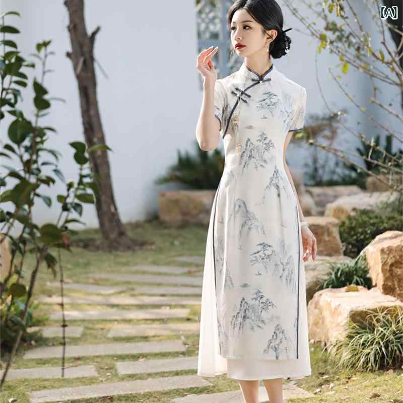 レディース ファッション アオザイ チャイナ ドレス 夏 エスニック 普段使い チャイナ風 ドレス
