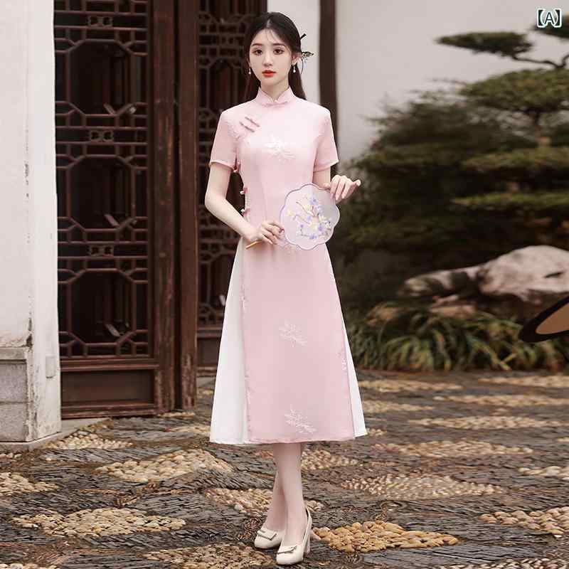 レディース ファッション チャイナ ドレス アオザイ ドレス 中国 茶 ドレス 夏 茶 エレガント レングス