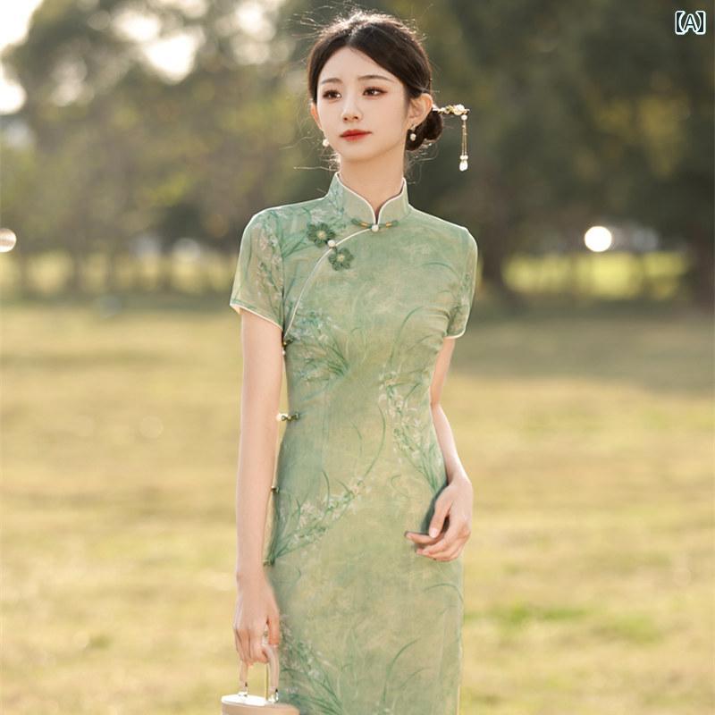 レディース ファッション チャイナ風 ドレス フレッシュ エレガント レトロ 緑 竹 ドレス