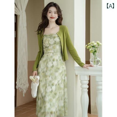 レディース ファッション レトロ グレーズ グリーン プリント サスペンダー スカート アボカド グリー..