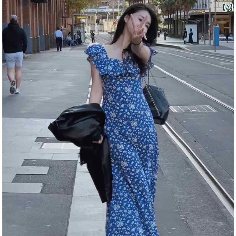 レディース ファッション ティーブレイク フレンチ ブ ゆったり クエア ネック 花柄 ドレス 夏 精巧 レトロ フリル ロング スカート