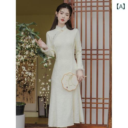 レディース ファッション ダーク 柄 起毛 エッジ 加えた スリム 効果 エレガント フィッシュテール チャイナ ドレス