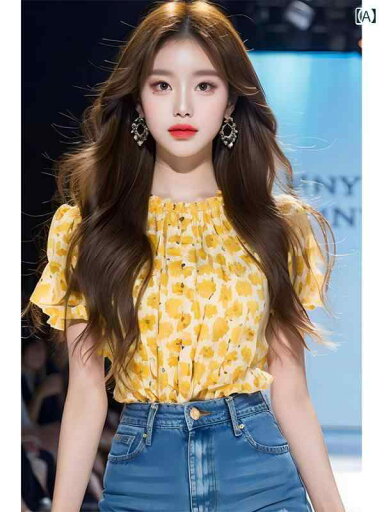 レディース ファッション 軽量 涼しい フレンチ 美しい トップスス 夏 黄 花柄 半袖 シャツ レディース ファッション 軽量 涼しい フレンチ 美しい トップスス 夏 黄 花柄 半袖 シャツ