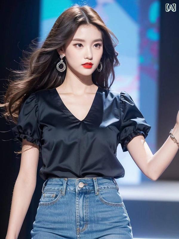 レディース ファッション 美しい シャツ イヤリング Vネック 半袖 シャツ 夏 フランス ユニーク トップ..