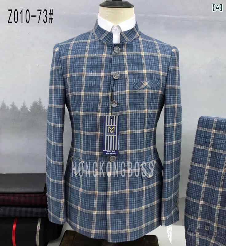 メンズスーツ 中国 チュニック ビジネス スリ カジュアル チェック ストライプ スタンドカラー セットアップ レッド