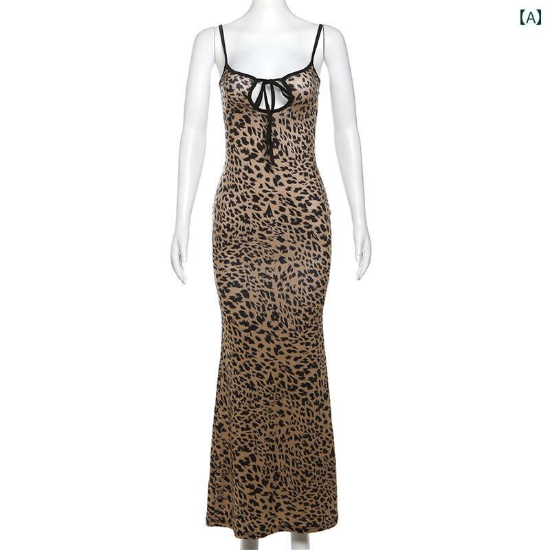 レディース ファッション 魅惑 ロング ドレス ヒョウ柄 ガール ロング ドレス サスペンダー 背中 開き ヒョウ柄 ドレス 夏 ドレス