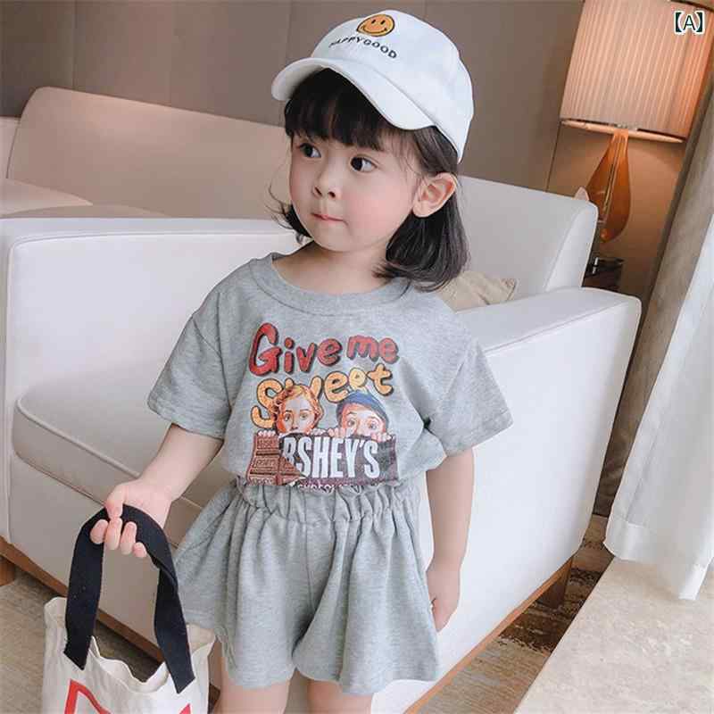 女の子 夏 服 プリント 半袖 Tシャツ レース ウエスト ショーツ スーツ 子供 洋風 セットアップ セット