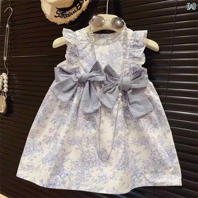 ワンピース 女の子 キッズ 子供 かわいい 韓国 花柄 夏 フライング スリーブ ベスト リボン プリンセス