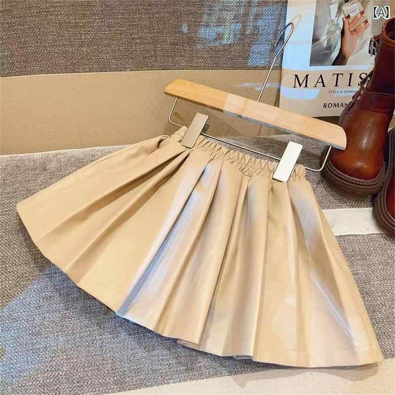 子供服 女の子 キッズ かわいい おしゃれ 秋冬 レトロ カレッジ PU ウォッシュ レザー 起毛 プリーツスカート ショート スカート