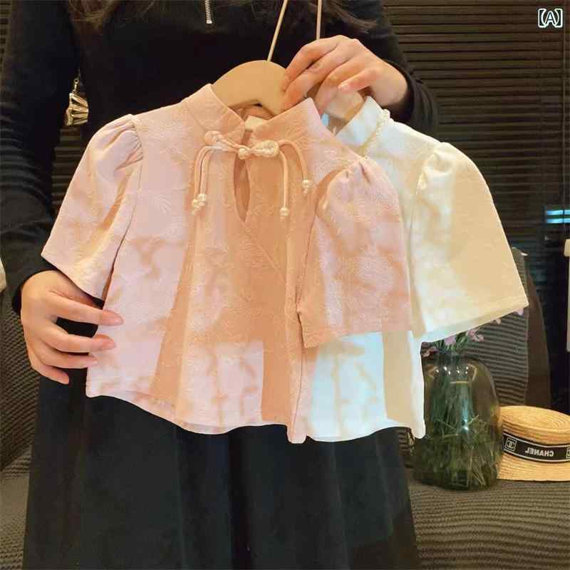 トップス キッズ 女の子 夏 かわいい カジュアル 西洋 チャイナ風 ボタン 半袖 シャツ 新 西洋 ファッション ショート Tシャツ
