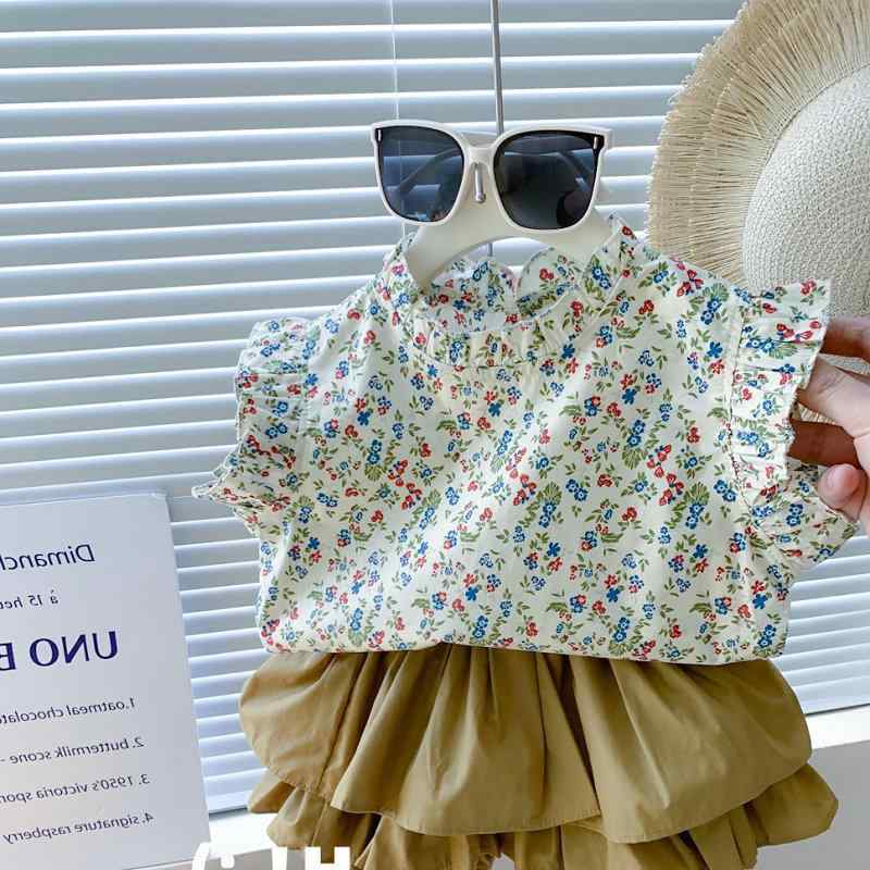 子供服 女の子 セットアップ おしゃれ カジュアル 夏 韓国 花柄 シャツ ベビー ドール シャツ トップス..