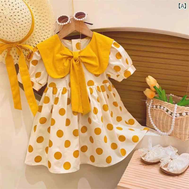 子供服 女の子 セットアップ おしゃれ カジュアル 夏 韓国 赤ちゃん リボン プリンセス ドレス 綿 ドット 半袖 ドレス
