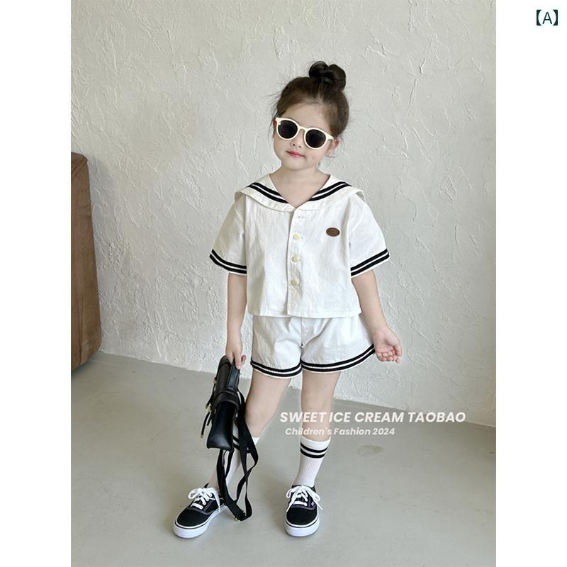 女の子 ネイビー スーツ 女の子 おしゃれ 半袖 シャツ ショート パンツ 2点 セット 子供 ベビー 女の子 カジュアル トレンド