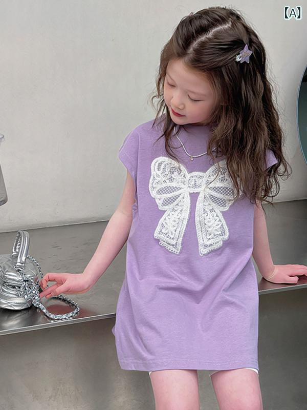 トップス キッズ 女の子 夏 かわいい カジュアル 丈 半袖 Tシャツ ワンピース 子供 ワンピース中 大きめ 子供