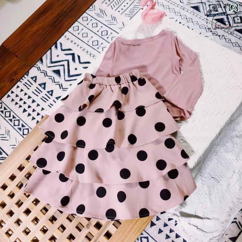 子供服 女の子 セットアップ おしゃれ カジュアル かわいい 西洋 春秋 ガール 韓国 ワンショルダー レター シャツ 水玉 スカート