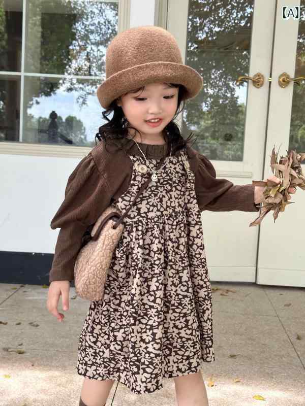 子供服 女の子 セットアップ かわいい おしゃれ 洋風 秋冬 赤ちゃん 韓国 パフスリーブ トップス シャツ サスペンダー フラワースカート