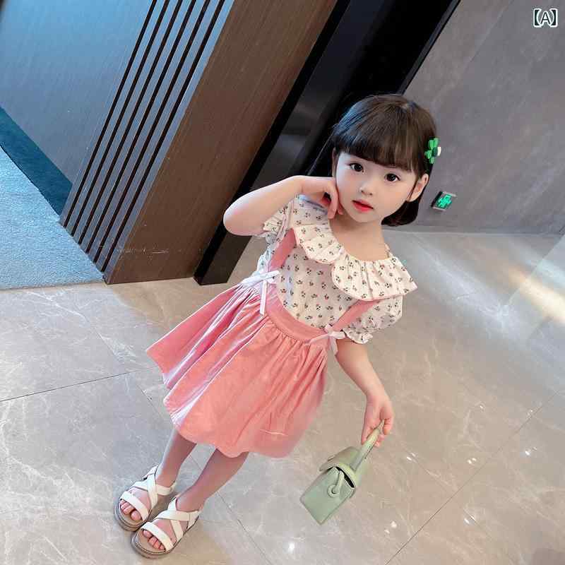 子供服 女の子 セットアップ かわいい おしゃれ フレッシュ 夏 韓国 ベビー ドール セーター サスペンダー スカート トレンディ セット