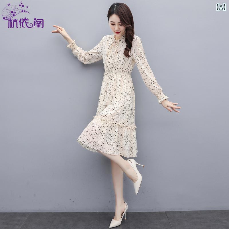 セットアップ レディース 上品 おしゃれ ファッション 長袖 春秋 ウエスト スリム フレッシュ シフォン 水玉 フレンチ スカート