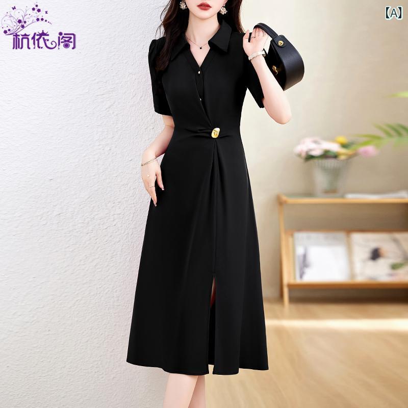 ワンピース レディース 上品 体型カバー おしゃれ 黒 夏 スリム 通勤 フォーマル フレンチ シャツ スカート