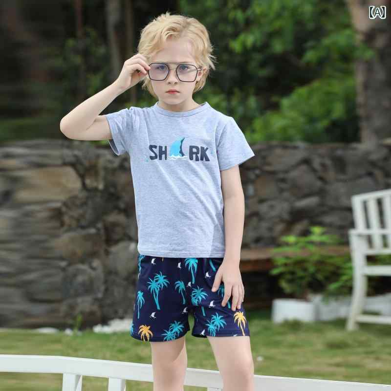 セットアップ 男の子 おしゃれ カジュアル かわいい 夏新 ラウンドネック レター ヨット プリント 半袖..