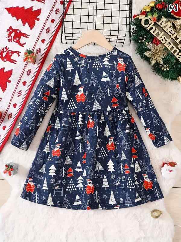 中型 子供 クリスマス ツリー トナカイ オール プリント ラウンドネックプルオーバー 長袖 ウエスト ド..