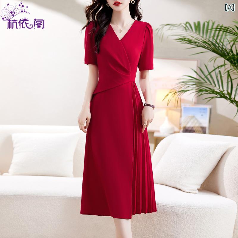 ワンピース レディース 上品 体型カバー おしゃれ 赤 夏 社交界 ファッション スリム フォーマル スカート