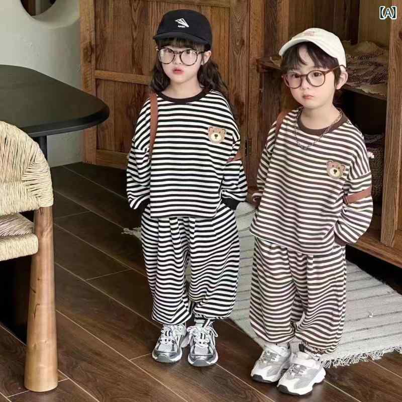 子供服 女の子 セットアップ かわいい おしゃれ 春秋 縞模様 クマ セーター セット 西洋 スポーツ パンツ 2点 セット