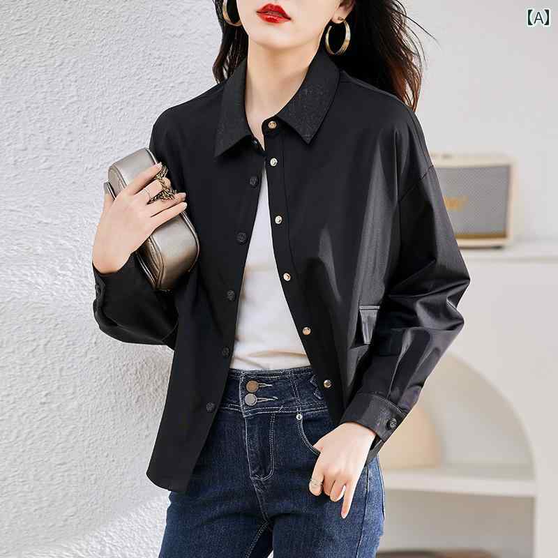 レディース ファッション アウター おしゃれ シャツ ジャケット 春秋 ショート ブラック トップス(4)